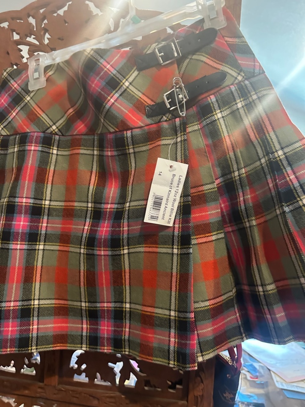 Plaid Mini Kilt Skirt with Buckle Straps - Green/Red - Picture 5 of 6